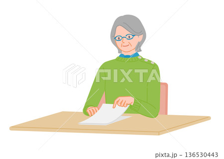 シニア女性が机で書類をめくる動作イラスト 136530443