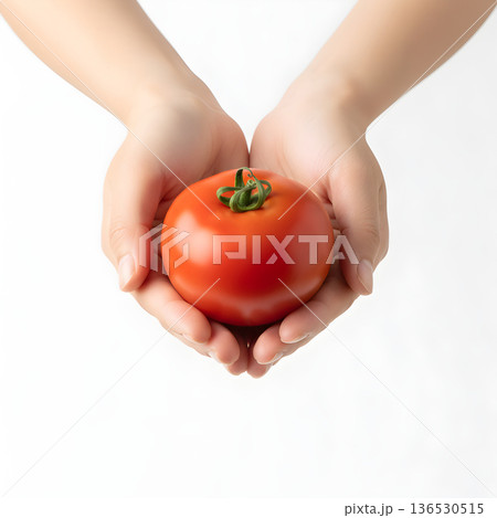 Tomato Vegetable Two Hands Holding a Large Glossy Red Tomato in a Wide Grip Tomato Vegetable Two Hands Holding a Large Glossy Red Tomato in a Wide Grip 136530515