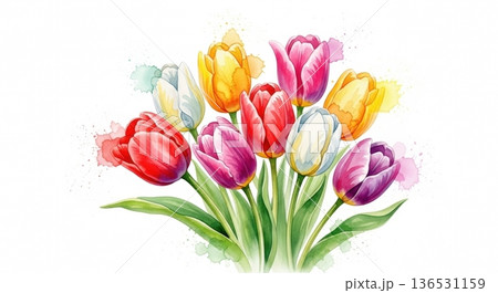パステル調の淡い水彩チューリップイラスト｜春の広告・カード用文字スペースあり 136531159
