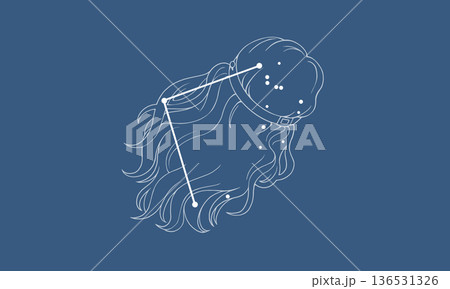 ネイビー色の背景に浮かぶかみのけ座のイラスト（白線で髪の絵と星座線） 136531326