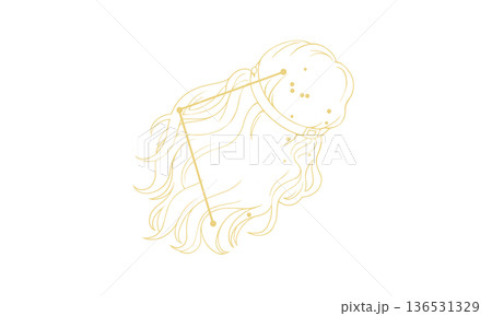 かみのけ座の線画イラスト（ゴールド色で髪の絵と星座線、線のみで塗りなし） 136531329