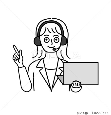 ヘッドセットをつけてPCを持ち指さし説明するスーツ姿の女性の線画イラスト ヘッドセットをつけてPCを持ち指さし説明するスーツ姿の女性の線画イラスト 136531447