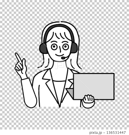 ヘッドセットをつけてPCを持ち指さし説明するスーツ姿の女性の線画イラスト ヘッドセットをつけてPCを持ち指さし説明するスーツ姿の女性の線画イラスト 136531447