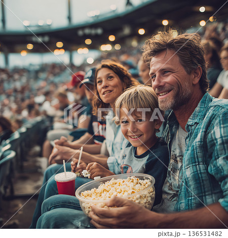 スタジアムでサッカー観戦を楽しむ笑顔の家族 136531482