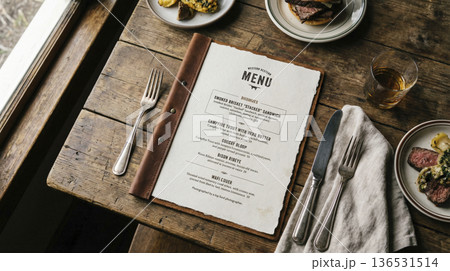 木製のテーブルに置かれたステーキハウスのおしゃれなメニュー表 136531514