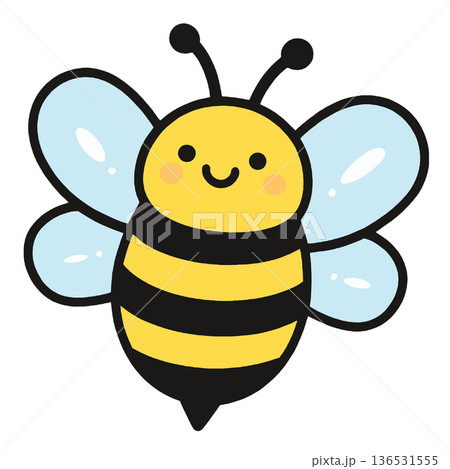 Cute bee cartoon with yellow and black stripes, blue wings, and smiling face on white background 136531555