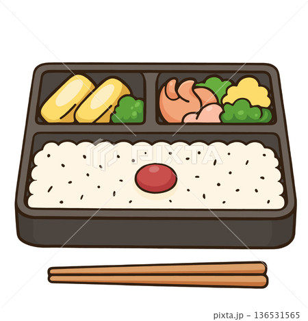 Japanese bento box with rice, pickled plum, egg, shrimp, broccoli, and chopsticks, cartoon style 136531565