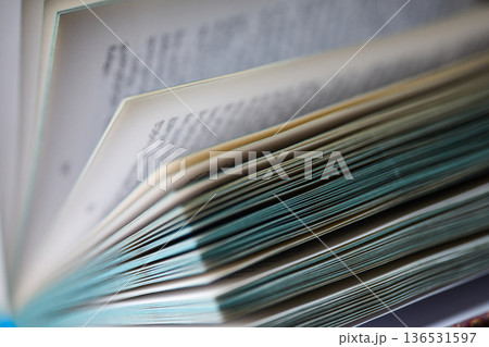 Extreme close-up of printed Georgian alphabet text on aged paper with shallow depth of field 136531597