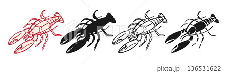 Lobster Set Illustration Hand Drawn Outline Style Vintage Engraving Grunge Line Art 136531622