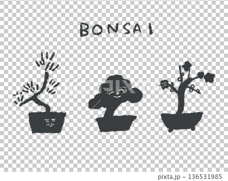 Expressive hand-drawn illustrations of bonsai trees that can be used as icons or symbol marks in designs 136531985
