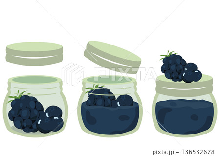 ガラス瓶に入ったブラックベリーとブルーベリーのジャムのイラスト ガラス瓶に入ったブラックベリーとブルーベリーのジャムのイラスト 136532678