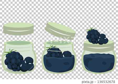 ガラス瓶に入ったブラックベリーとブルーベリーのジャムのイラスト ガラス瓶に入ったブラックベリーとブルーベリーのジャムのイラスト 136532678