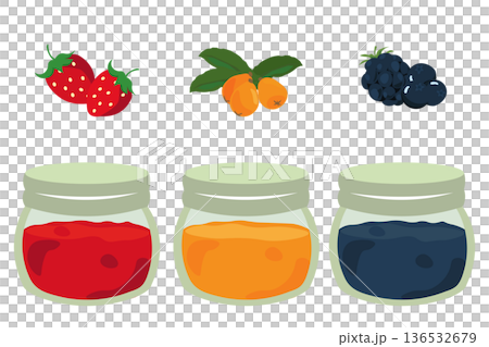 Illustration of three types of jam in glass jars 136532679