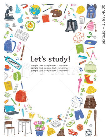 日本の小学校の文房具や学用品　イラストの丸フレームセット　縦 136534000