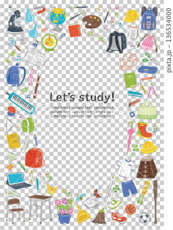 日本の小学校の文房具や学用品　イラストの丸フレームセット　縦 136534000