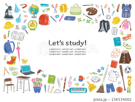 日本の小学校の文房具や学用品　イラストの丸フレームセット　横 136534002