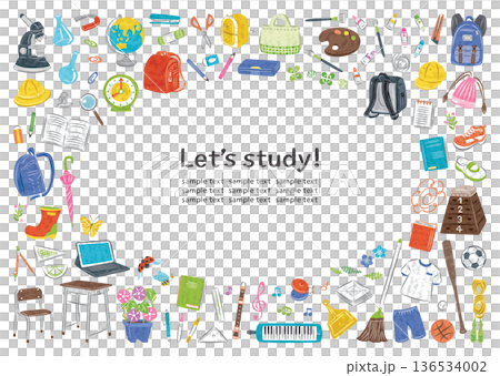 日本の小学校の文房具や学用品　イラストの丸フレームセット　横 136534002