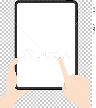 Holding a tablet in portrait orientation with your fingers, operating the screen Holding a tablet in portrait orientation with your fingers, operating the screen 136534003