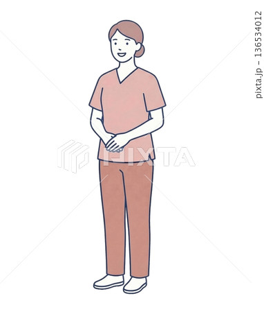 女性介護士 両手を前で組む 斜め立ち姿イラスト 136534012
