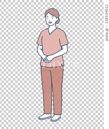 女性介護士 両手を前で組む 斜め立ち姿イラスト 136534012
