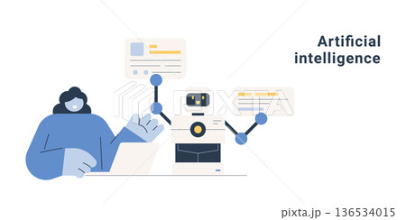 Artificial intelligence concept with woman working with AI robot, chatbot and machine learning technology. Flat design vector illustration for AI, automation and innovation concepts. Artificial intelligence concept with woman working with AI robot, chatbot and machine learning technology. Flat design vector illustration for AI, automation and innovation concepts. 136534015