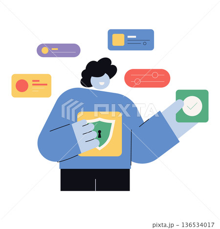 Flat character woman managing security settings with shield, controls and interface elements. Vector illustration for privacy, security, settings and control panel concepts colorful. 136534017