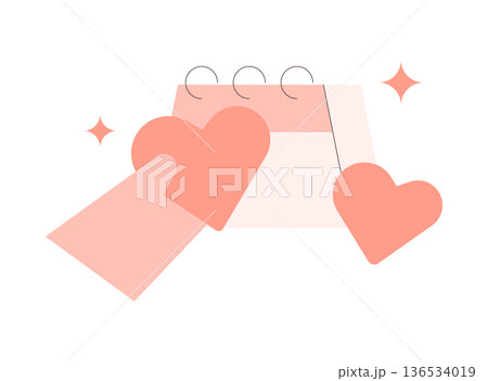 Valentines Day calendar with hearts for love and romance celebration. Flat design vector illustration for February 14, holiday, dating and romantic event concepts minimalist. 136534019