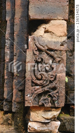 ornament carving on ancient Cham temple ornament carving on ancient Cham temple 136534078
