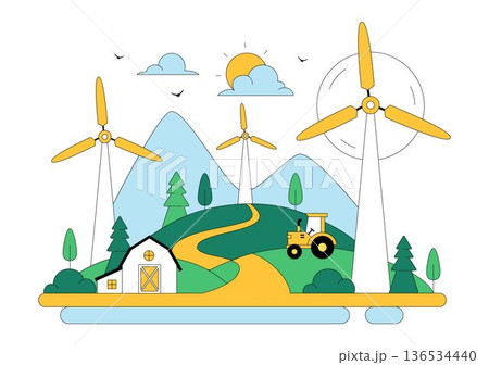 Wind Turbine Vector Illustration Showcasing a Sustainable Renewable Energy Concept with a Green Nature Landscape and Mountain Background Wind Turbine Vector Illustration Showcasing a Sustainable Renewable Energy Concept with a Green Nature Landscape and Mountain Background 136534440
