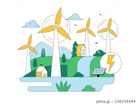 Wind Turbine Vector Illustration Showcasing a Sustainable Renewable Energy Concept with a Green Nature Landscape and Mountain Background Wind Turbine Vector Illustration Showcasing a Sustainable Renewable Energy Concept with a Green Nature Landscape and Mountain Background 136534444