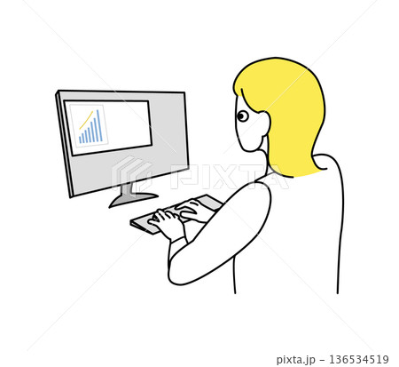 パソコンで仕事をするビジネスウーマンの後ろ姿 線画イラスト パソコンで仕事をするビジネスウーマンの後ろ姿 線画イラスト 136534519