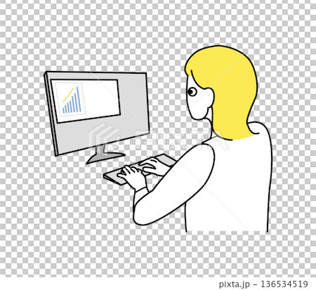 パソコンで仕事をするビジネスウーマンの後ろ姿 線画イラスト パソコンで仕事をするビジネスウーマンの後ろ姿 線画イラスト 136534519