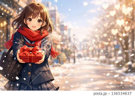 雪の街でプレゼントを差し出す笑顔の女子高生 バレンタインデーイメージ 雪の街でプレゼントを差し出す笑顔の女子高生 バレンタインデーイメージ 136534637