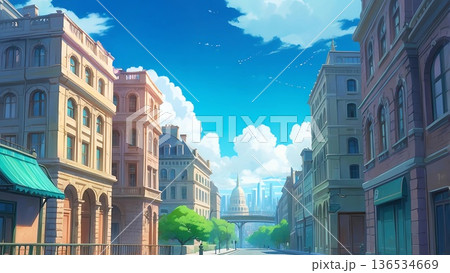 ゲーム背景 青空の下のヨーロッパ風観光地街並み ゲーム背景 青空の下のヨーロッパ風観光地街並み 136534669