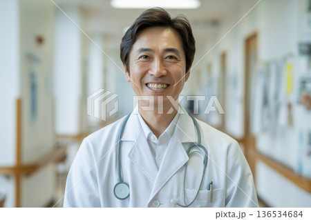 病院の廊下に立つ笑顔の男性医師　Generative AI 136534684