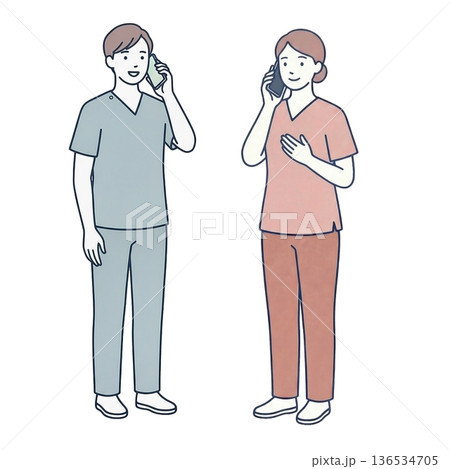 電話対応する男女の介護士 全身セットイラスト 電話対応する男女の介護士 全身セットイラスト 136534705