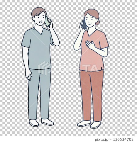 電話対応する男女の介護士 全身セットイラスト 電話対応する男女の介護士 全身セットイラスト 136534705