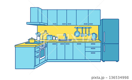 システムキッチンのある室内 キッチンインテリアイラスト素材 136534998
