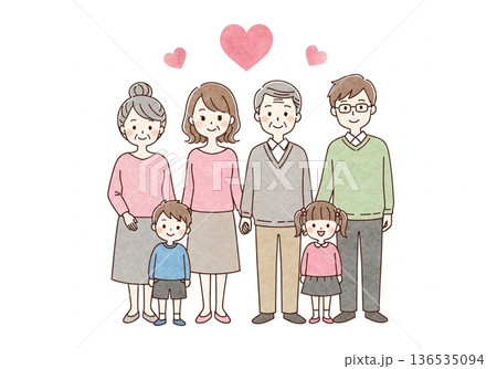 三世代家族手 水彩タッチ 日本人家族の愛と絆イメージ 136535094