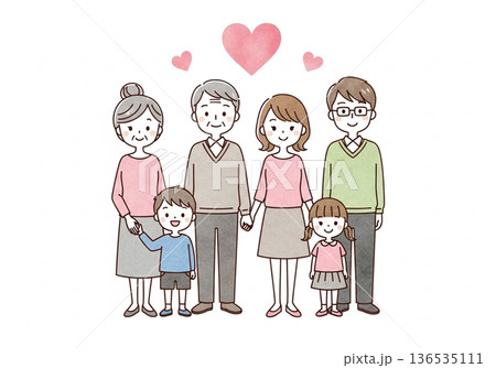 三世代家族手 水彩タッチ 日本人家族の愛と絆イメージ 136535111