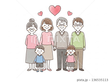三世代家族手 水彩タッチ 日本人家族の愛と絆イメージ 136535113