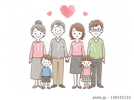 三世代家族手 水彩タッチ 日本人家族の愛と絆イメージ 136535133