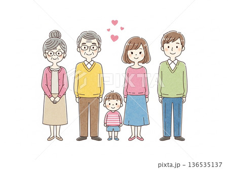 三世代家族手 水彩タッチ 日本人家族の愛と絆イメージ 136535137