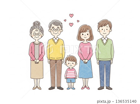 三世代家族手 水彩タッチ 日本人家族の愛と絆イメージ 136535140