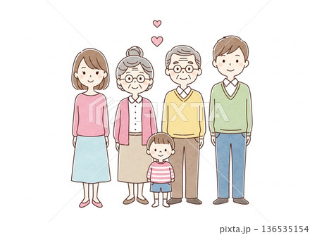三世代家族手 水彩タッチ 日本人家族の愛と絆イメージ 136535154