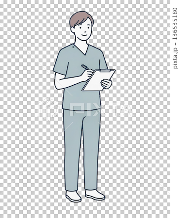 クリップボードに記入する男性介護士 全身イラスト 136535180