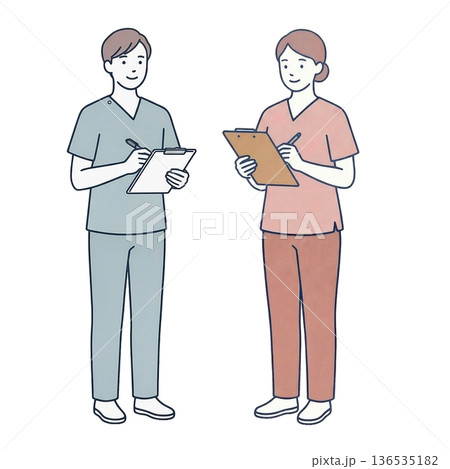 クリップボードに記入する男女介護士セット 全身イラスト 136535182