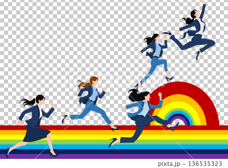 虹を走るビジネスウーマンのイラスト	 136535323