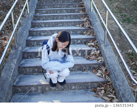 冬の昼の公園にいる一人の女子中学生の姿 136535343