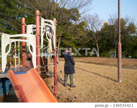 冬の午後の公園で散歩する中年女性主婦の姿 冬の午後の公園で散歩する中年女性主婦の姿 136535421